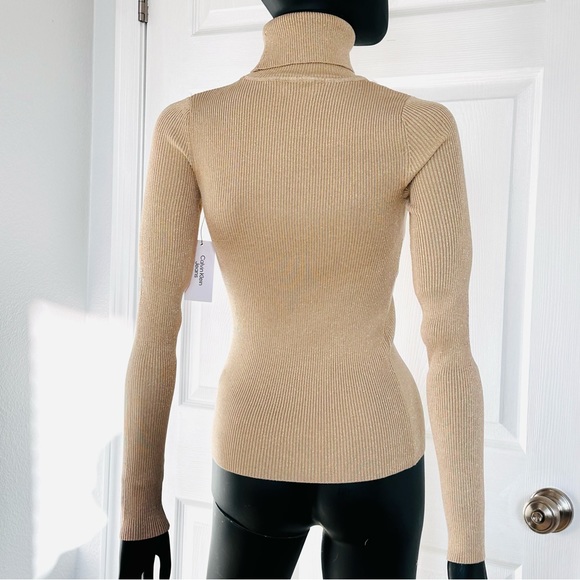 NWT Calvin Klein Rib Knit Tops Metallic Sweater turtleneck  XS Gold - Picture 4 of 10